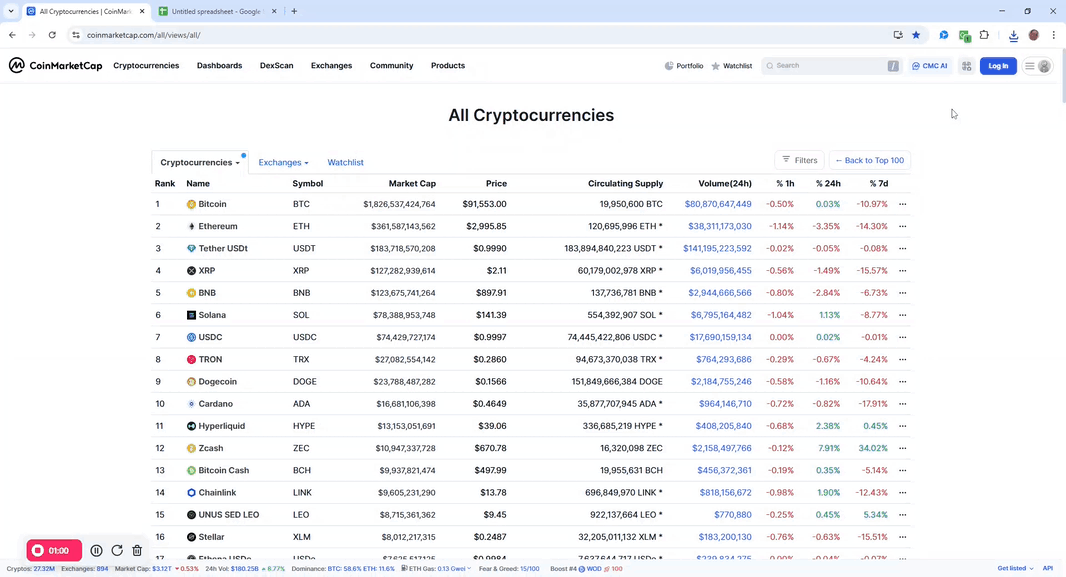 CopyCol demo showing column extraction from cryptocurrency table